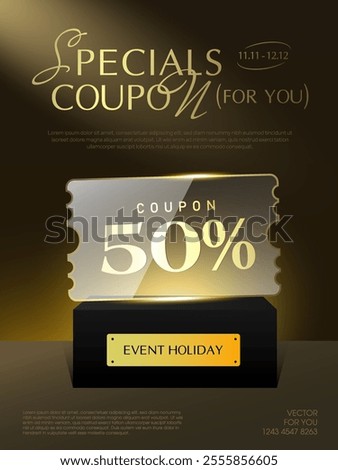 3d glass morphism coupon on a stage with coupon code, percent price off, isolated on dark background. Luxurious gift voucher banner template in 3d vector