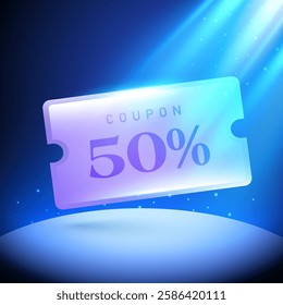 3d glass morphism coupons with percent sale off, coupon code, on a gift box, isolated on dark blue background with shining effect. Gift voucher for exclusive promotion event vector popup banner