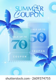 3d glass morphism travel summer coupons with palm trees and lifebuoy, isolated on background. Transparent summer gift voucher banner template for sale off event in 3d vector