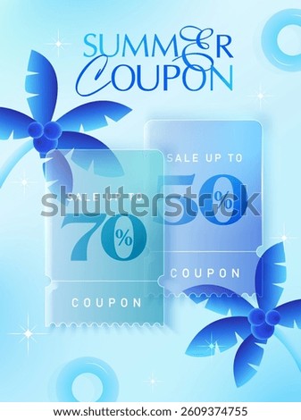 3d glass morphism travel summer coupons with palm trees and lifebuoy, isolated on background. Transparent summer gift voucher banner template for sale off event in 3d vector