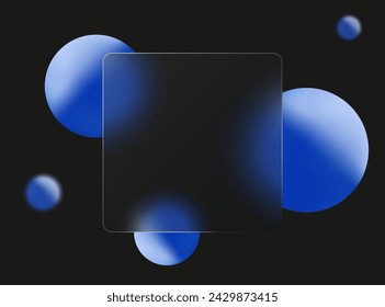 3D glass morphism website landing page template. Square plate of frosted glass with blue floating spheres.