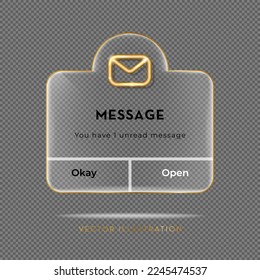 3D glass New message with Golden outline mail icon. Popup page with floating envelope. Social media, business event planning, reminders. Vector Illustration in minimal 3D style