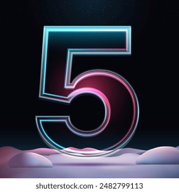 3D glass number 5 with neon light insight. Big relistic symbol with sparkles and winter background. Futuristic holiday decoration. Element for design poster, advertisign or game