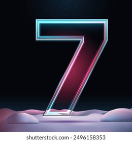 3D glass number 5 with neon light insight. Big relistic symbol with sparkles and winter background. Futuristic holiday decoration. Element for design poster, advertisign or game