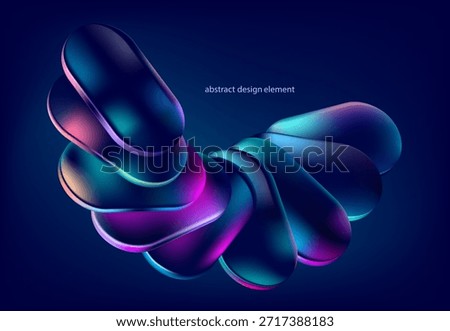 3D glass oval shapes. Transparent iridescent geometric shapes on dark background. Abstract vector design elements.