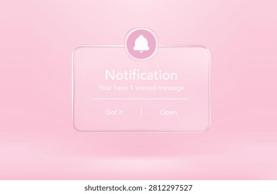 3D glass phone notification interface with reminder popup window. Modern mobile app alert message frame with transparent button elements and digital calendar icon display.