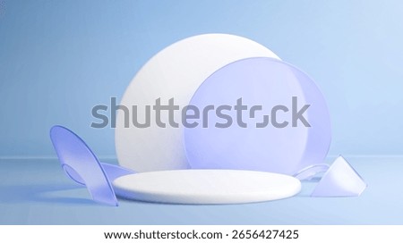 3d glass podium display with white circular platform - transparent blue geometric shapes on pastel background. Modern product showcase stage for cosmetics and luxury minimalist presentation designs.