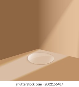 Escena mínima en el podio de vidrio 3d con plataforma geométrica de vidrio. Parking de representación 3d vectorial de fondo para mostrar el producto cosmético. Escenario en vidrio peatonal estudio moderno color beige 3d