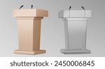 3d glass pulpit podium. Wood rostrum speech stand with speaker microphone for conference or debate. Isolated tribune design with mic for orator speaking with press or public ceremony communication.