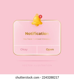 3D glass Reminder with bell. Notifications page with floating elements. Business planning, events, date reminder, or timetable concept. Vector Illustration in minimal 3D style