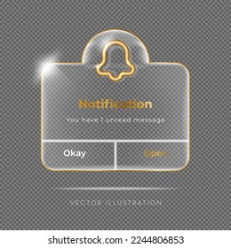 3D glass Reminder with Golden outline bell. Notifications page with floating elements. Vector Illustration in minimal 3D style