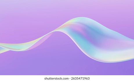 3D glass ribbon fluid wave. Abstract liquid background. Blue gradient holographic elements swirl with iridescent flow shapes and neon light. Bright spectral movement and colorful refraction.