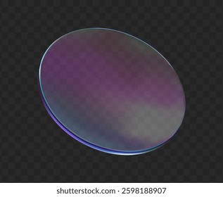 3d glass round lens. Set realistic transparent glass plate hologram effect. Mirror frame shape. Disk holographic texture. Fly round podium. Gradient gloss circular badge. Vector realistic illustration