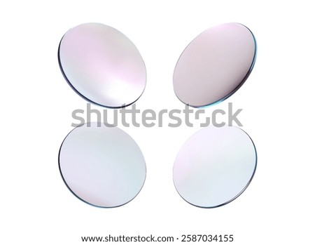 3d glass round lens. Set realistic transparent glass plate glossy effect. Mirror frame shape. Disk holographic texture. Fly round podium. Gradient gloss circular badge. Vector realistic illustration