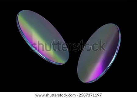 3d glass round lens. Set realistic transparent glass plate hologram effect. Mirror frame shape. Disk holographic texture. Fly round podium. Gradient gloss circular badge. Vector realistic illustration
