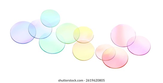 3d glass round shape set. Transparent colorful disk gradient color. Render podium, disc, crystal, badge, confetti. Translucent decoration element. Vector glassmorphism effect illustration