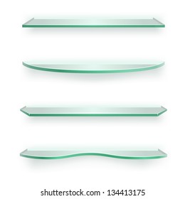 3D glass shelves of different shapes isolated on white background.