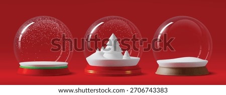 3d glass snow balls with winter fir trees and snowy hills. Vector realistic Christmas snowball globes, New Year holiday snow balls decorations with glossy transparent glass domes and round bases