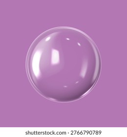 3D glass sphere, transparent surface, glare, reflection, purple background. Transparent liquid bubble. Collagen, dew drop, water. Futurism, cosmetology. Vector illustration.
