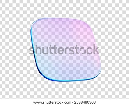3d glass square holographic disk. Hologram crystal glass plate transparent. Blue purple gradient 3d shape prism effect. Blue purple flying podium, badge, crystal. Vector realistic illustration