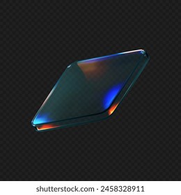 3d glass square shape with refraction and holographic effect isolated on black background. Render transparent crystal glass button with dispersion light, rainbow gradient. 3d vector illustration