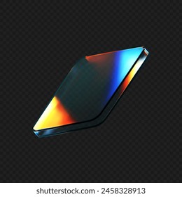 3d glass square shape with refraction and holographic effect isolated on black background. Render transparent crystal glass button with dispersion light, rainbow gradient. 3d vector illustration