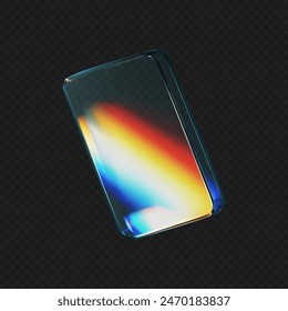 3D Glas quadratische Form mit Brechung und holografischen Effekt auf schwarzem Hintergrund isoliert. Transparentes Kristallglas-Button mit Dispersionslicht, Regenbogenverlauf. 3D-Vektorillustration