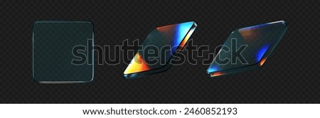 3d glass square shapes set with refraction and holographic effect isolated on black background. Render transparent crystal glass button with dispersion light, rainbow gradient. 3d vector illustration