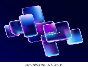 3D glass squares and rectangles on dark background. Art geometric shapes in liquid glass style. Abstract vector design elements.