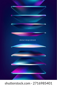 3D glass squares and rectangles. Transparent iridescent geometric shapes in perspective on dark background. Abstract vector design elements.