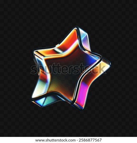 3D glass star icon with refraction and holographic effect isolated on dark background. Render transparent glass star with overlay dispersion light, rainbow gradient. 3d vector morphism