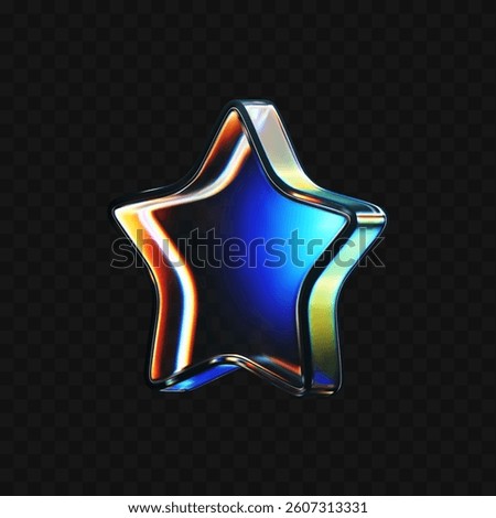 3D glass star icon with refraction and holographic effect isolated on dark background. Render transparent glass star with overlay dispersion light, rainbow gradient. 3d vector morphism