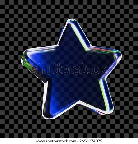 3D glass star icon with refraction and holographic effect isolated on dark background. Neon transparent glass star with overlay dispersion light, rainbow gradient. 3d vector morphism.
