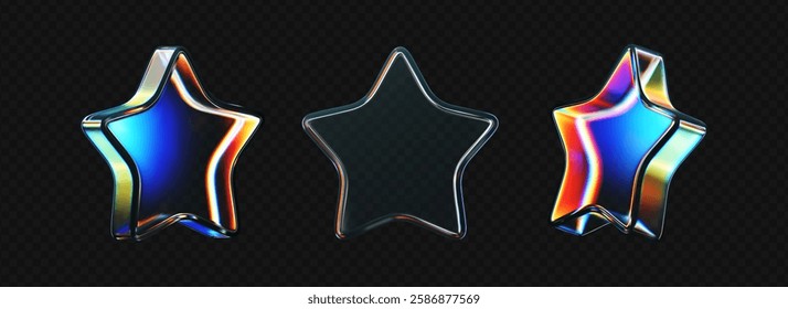 3D glass star icon set with refraction and holographic effect isolated on dark background. Render transparent glass star with overlay dispersion light, rainbow gradient. 3d vector morphism