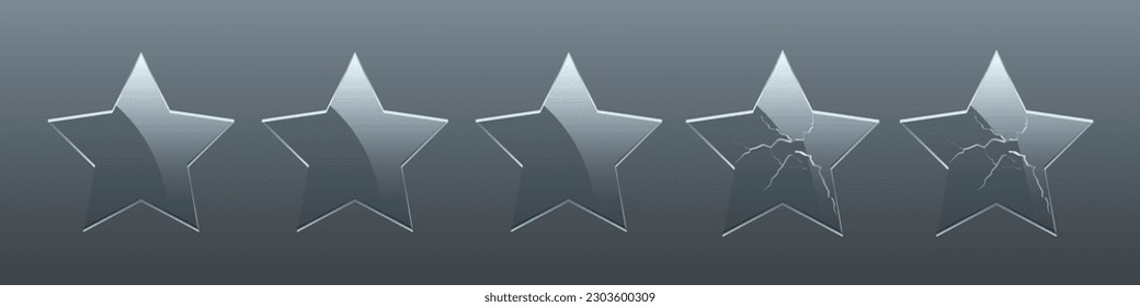 3D glass stars set vector illustration. Realistic glossy broken and intact crystal stars templates with five points on gray gradient background, glassy figures with reflection, hole and crack texture