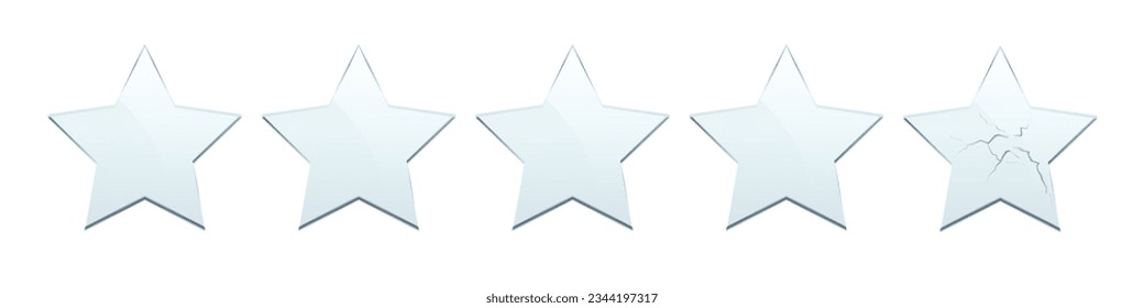 3D glass stars set vector illustration. Realistic glossy broken and intact crystal stars templates with five points on white background, glassy figures with reflection, hole and crack texture.