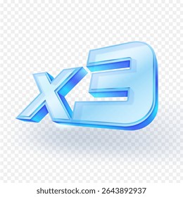 O ícone de símbolo de vidro 3D "x3" representa o multiplicador triplo. Adequado para jogos, promoções, finanças, bancos ou ofertas especiais. Isolado no plano de fundo transparente. Ilustração vetorial.