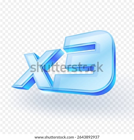 3D glass symbol icon “x3” represents triple multiplier. Suitable for games, promotions, finance, banking or special offers. Isolated on transparent background. Vector illustration.