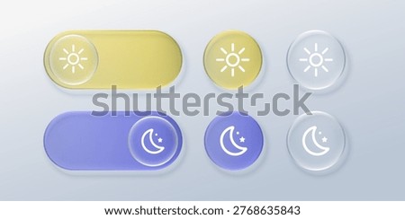 3D glass toggle slider switching from sun to moon. Glossy night mode button with transparent effect for web and mobile interface design elements