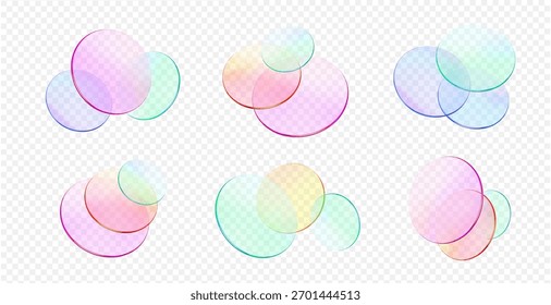 forma de círculo transparente de vidro 3d. Disco de lente redonda de gradiente de cor voando. Morfismo de vidro azul, verde, forma rosa. Ilustração realista de vetor