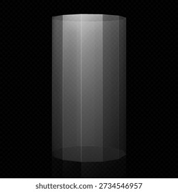 3d glass transparent clear stand podium. Exhibition display cylindrical box. Empty crystal pedestal platform for product showcase or presentation. Vector realistic plexiglass volume exposition stand