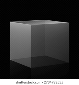 3d glass transparent clear stand podium. Exhibition display box square shape. Empty crystal pedestal platform for product showcase or presentation. Vector realistic plexiglass volume exposition stand