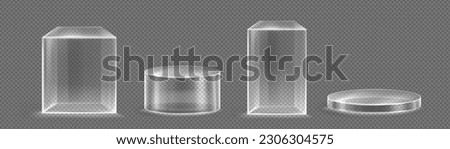 3d glass transparent clear stand podium display box isolated on background. Empty crystal pedestal platform for product showcase or presentation. Minimal realistic plastic square and cylinder stand