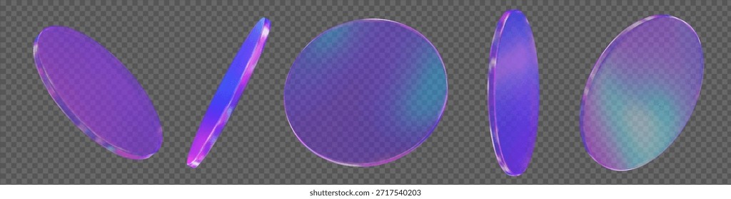 Moneda transparente de vidrio 3D, disco, podio o elemento de forma con diferentes ángulos. Figura de círculo holográfico. Y2k elemento abstracto de neón. Ilustración vectorial de stock sobre fondo aislado.