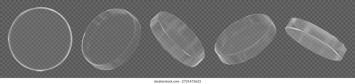 3d glass transparent coin, disk, podium or shape element with different angles. Realistic circle figure. Y2 abstract element. Stock vector illustration on isolated background.	

