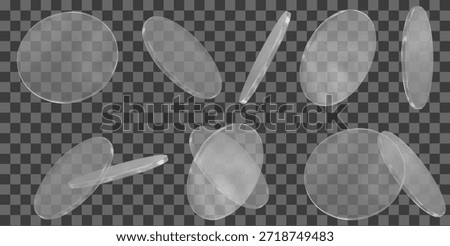3d glass transparent coin, disk, podium or shape element with different angles. Realistic circle figure. Y2k abstract element. Stock vector illustration on isolated background.