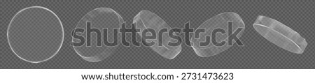 3d glass transparent coin, disk, podium or shape element with different angles. Realistic circle figure. Y2 abstract element. Stock vector illustration on isolated background.	
