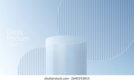 3D glass transparent crystal. Empty cylindrical pedestal. 3D cylinder and cube glass platforms set background. Vector realistic illustration of transparent plastic round and square p