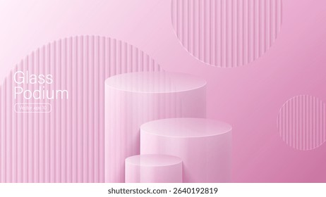 3D glass transparent crystal. Empty cylindrical pedestal. 3D cylinder and cube glass platforms set background. Vector realistic illustration of transparent plastic round and square p