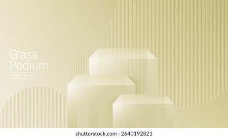3D glass transparent crystal. Empty cylindrical pedestal. 3D cylinder and cube glass platforms set background. Vector realistic illustration of transparent plastic round and square p